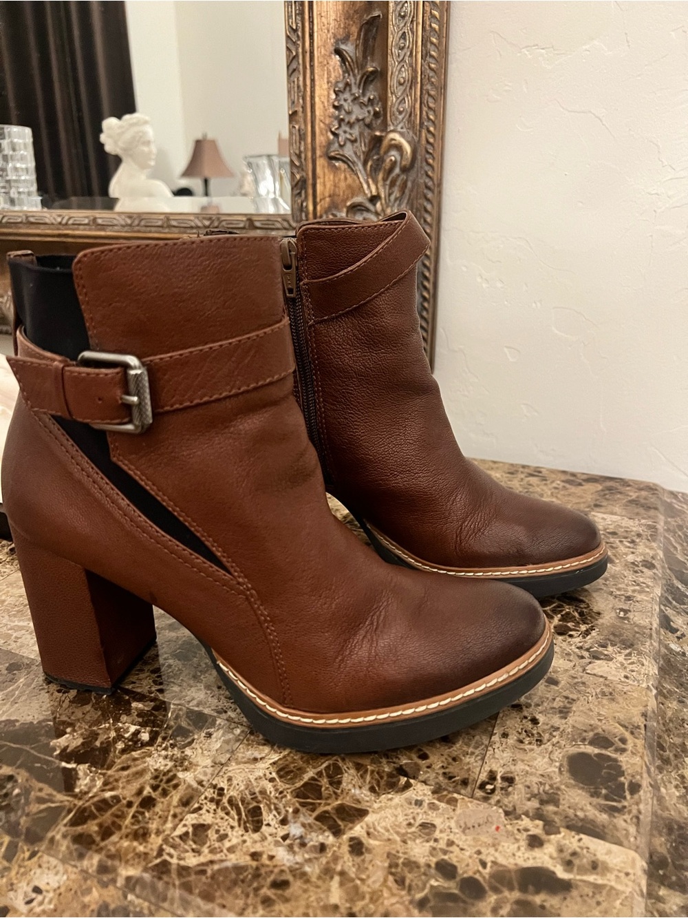Naturalizer Brown Leather Block Heel Ankle Boots with Buckle